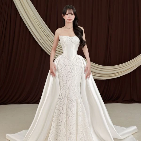 Váy ren đuôi cá phối corset và tà phủ